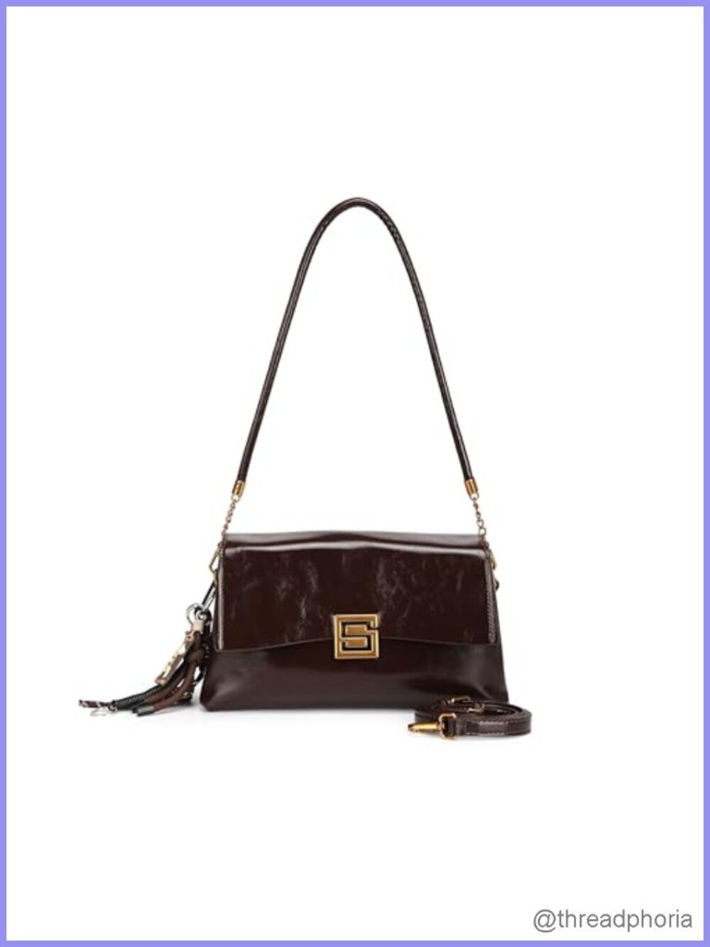 Women's PU Leather Square Satchel Crossbody Bag Detachable Tassel Strap Brown